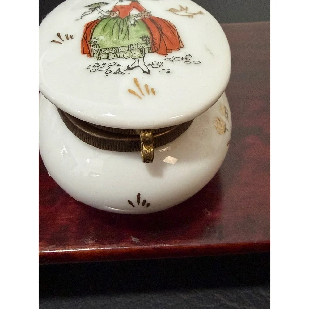 Japan Porcelain Hinged Trinket Box Hand Painted Victorian Crinoline Lady Fan VTG